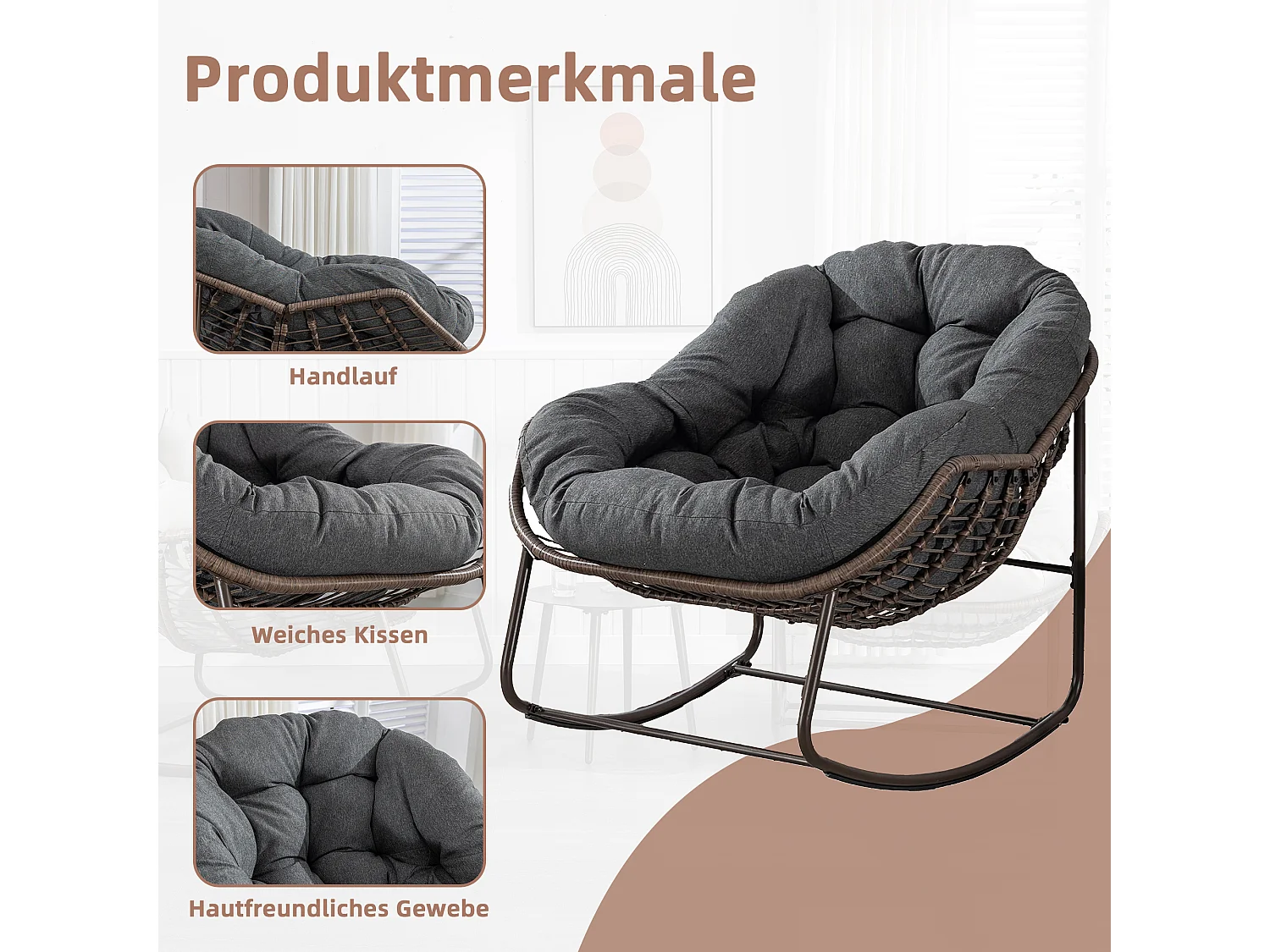 Fauteuil à Bascule en Rotin Naturel - Forme Œuf et Coussin Gris Anthracite - Confortable pour Salon, Véranda ou Chambre
