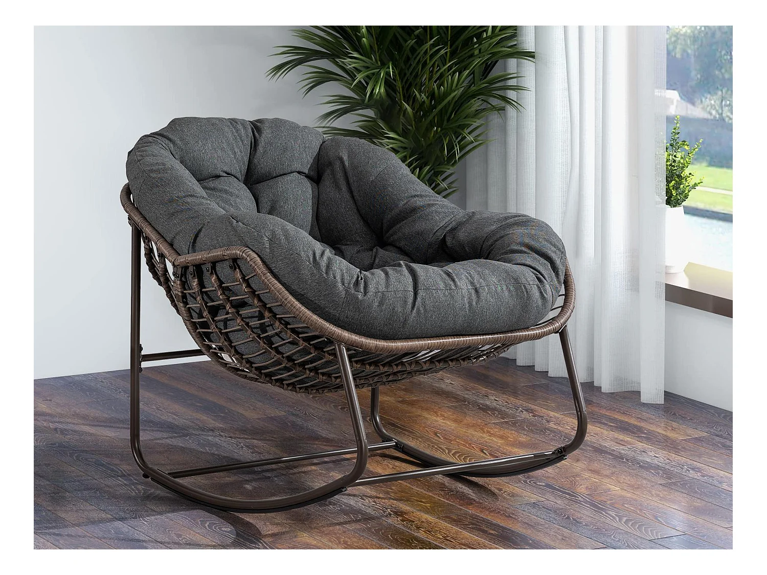 Fauteuil à Bascule en Rotin Naturel - Forme Œuf et Coussin Gris Anthracite - Confortable pour Salon, Véranda ou Chambre