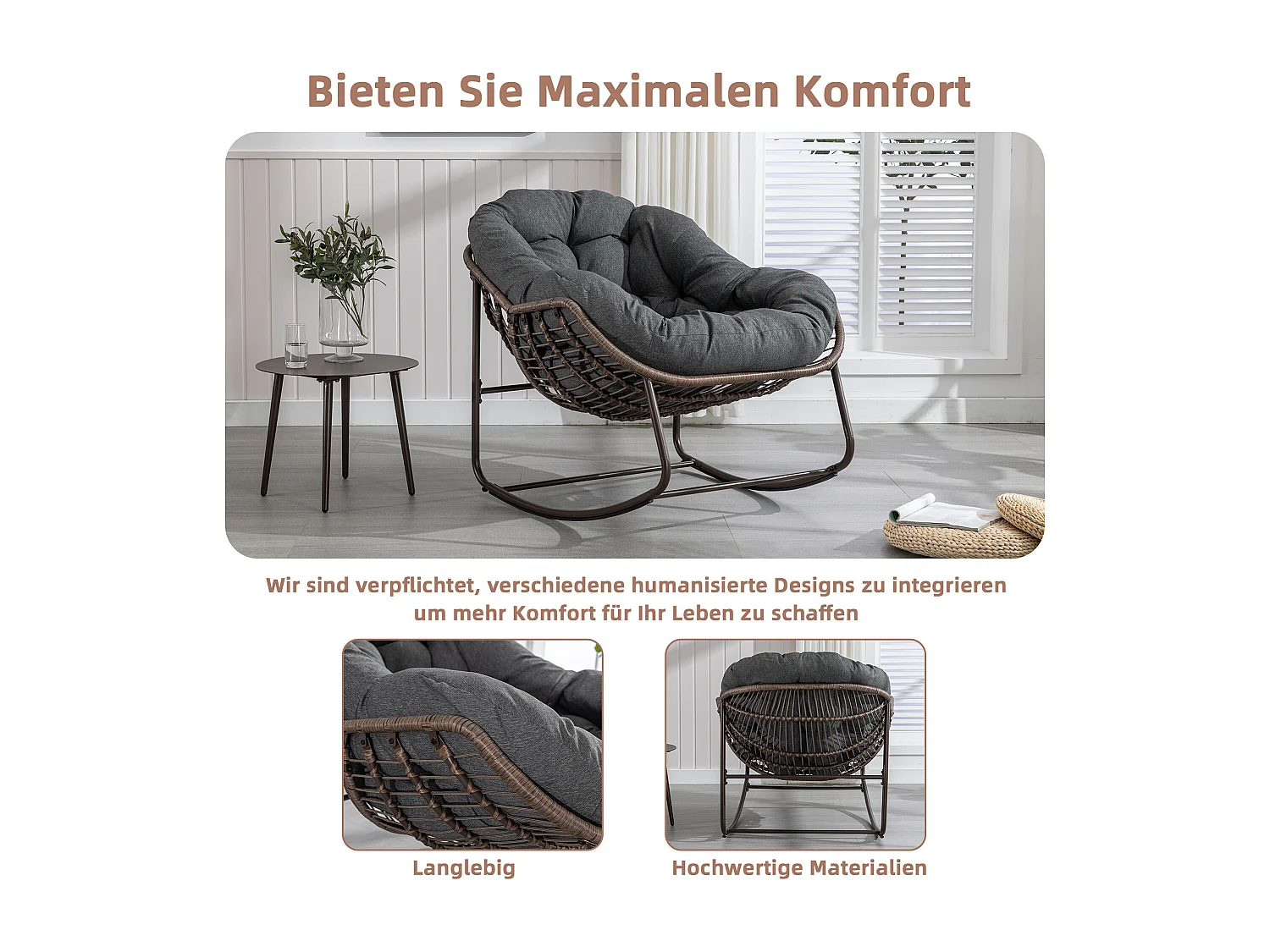 Cocon - Fauteuil à Bascule en Rotin Naturel - Forme Œuf et Coussin Gris Anthracite - Confortable pour Salon, Véranda ou Chambre