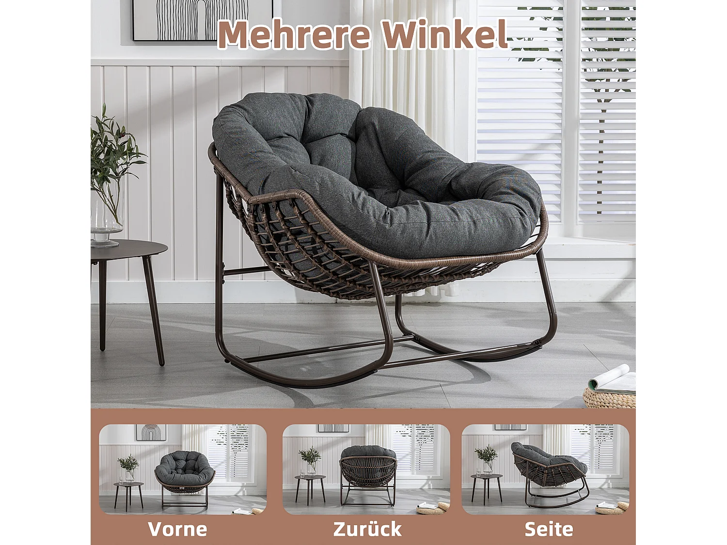 Cocon - Fauteuil à Bascule en Rotin Naturel - Forme Œuf et Coussin Gris Anthracite - Confortable pour Salon, Véranda ou Chambre