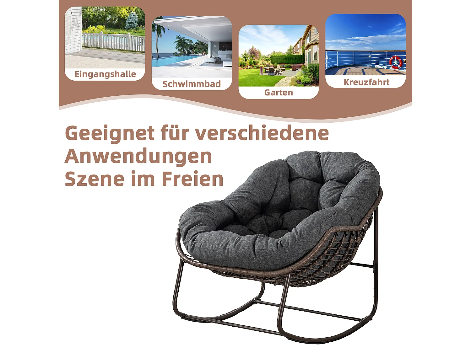 Cocon - Fauteuil à Bascule en Rotin Naturel - Forme Œuf et Coussin Gris Anthracite - Confortable pour Salon, Véranda ou Chambre