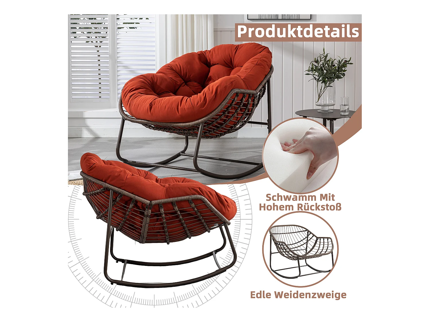 Fauteuil à Bascule en Rotin Naturel - Forme Œuf et Coussin Orange - Confortable pour Salon, Véranda ou Chambre