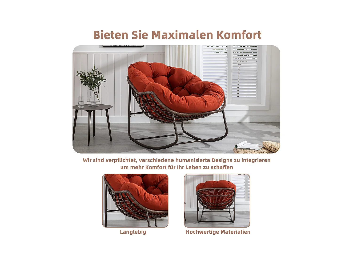 Fauteuil à Bascule en Rotin Naturel - Forme Œuf et Coussin Orange - Confortable pour Salon, Véranda ou Chambre