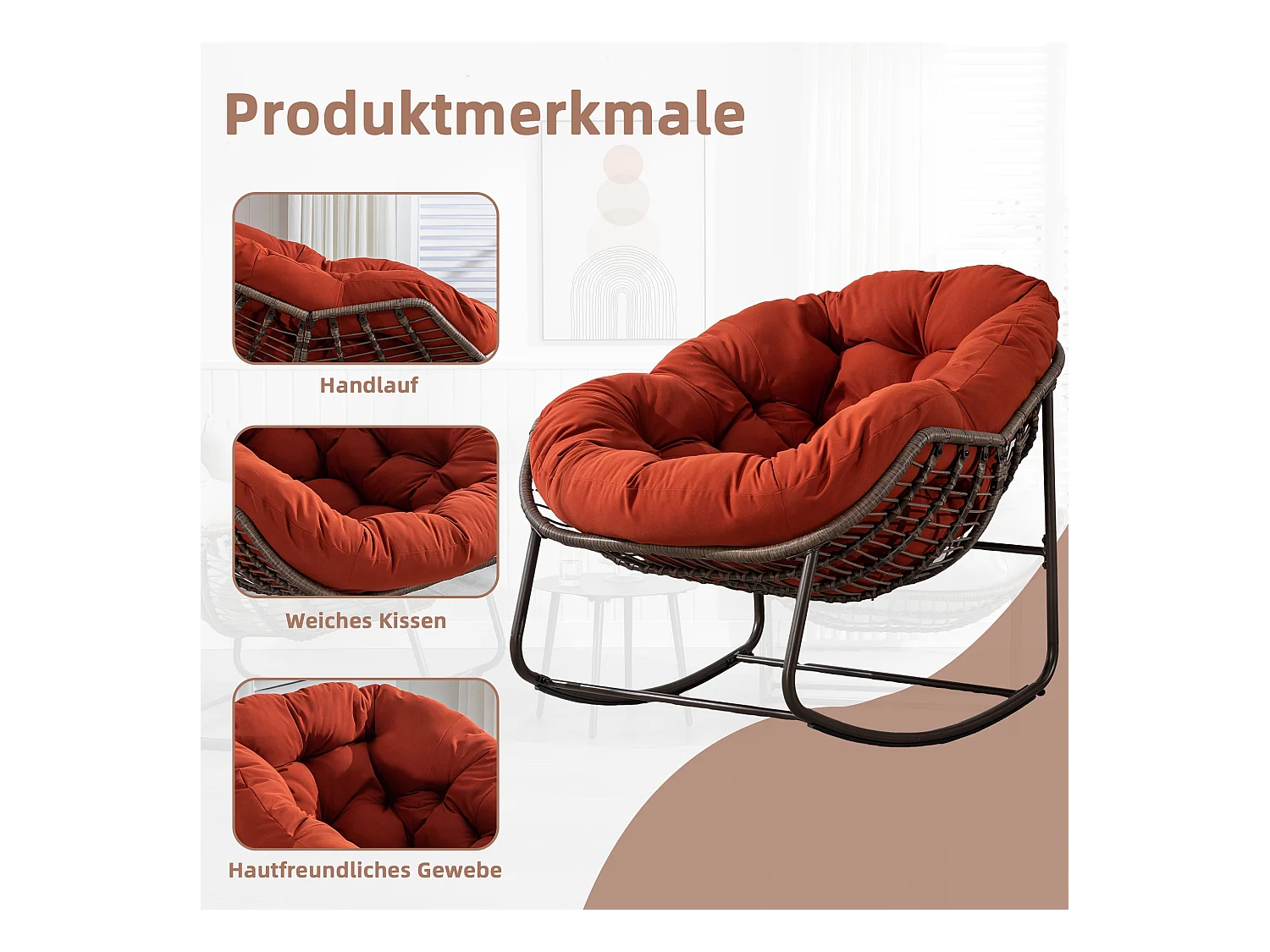 Fauteuil à Bascule en Rotin Naturel - Forme Œuf et Coussin Orange - Confortable pour Salon, Véranda ou Chambre