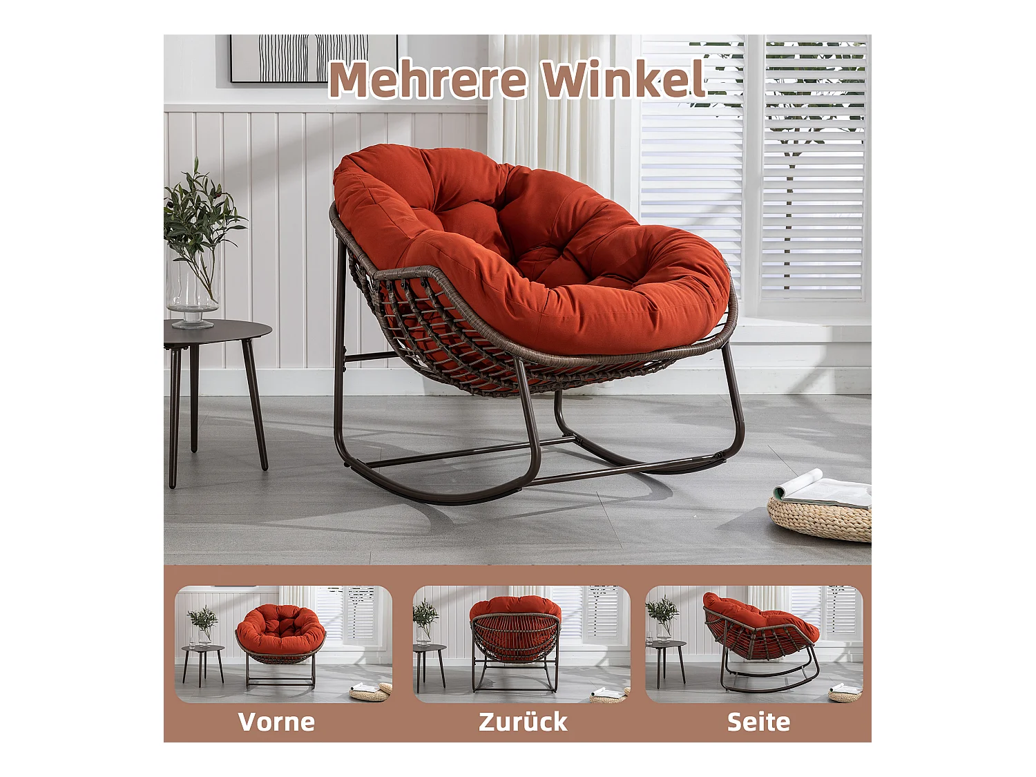Fauteuil à Bascule en Rotin Naturel - Forme Œuf et Coussin Orange - Confortable pour Salon, Véranda ou Chambre