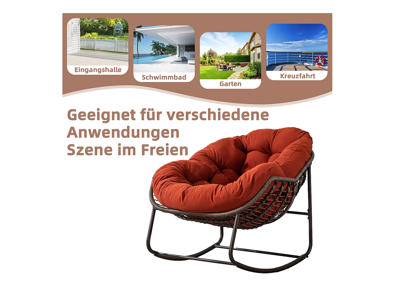 Fauteuil à Bascule en Rotin Naturel - Forme Œuf et Coussin Orange - Confortable pour Salon, Véranda ou Chambre