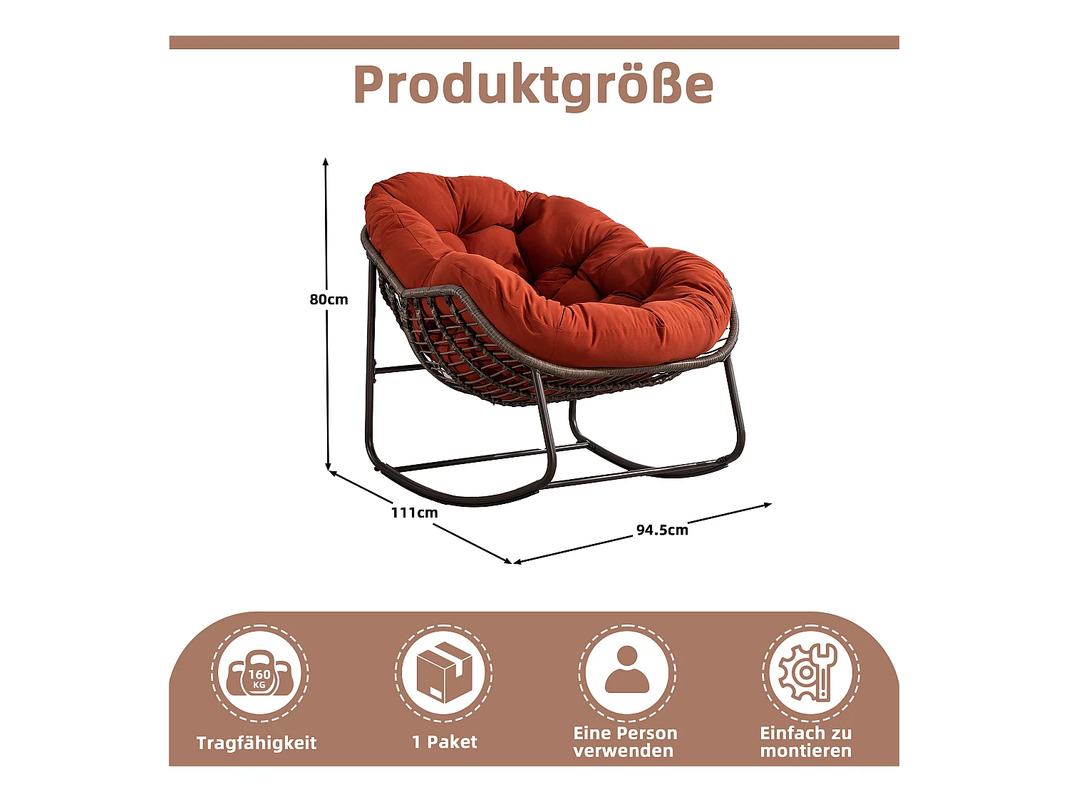 Fauteuil à Bascule en Rotin Naturel - Forme Œuf et Coussin Orange - Confortable pour Salon, Véranda ou Chambre
