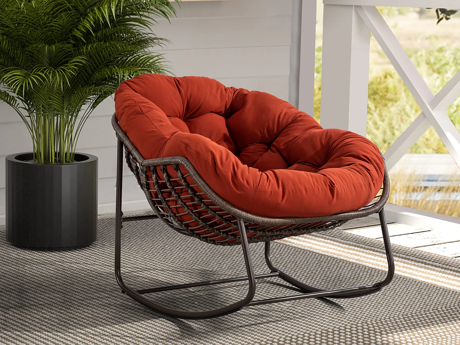 Fauteuil à Bascule en Rotin Naturel - Forme Œuf et Coussin Orange - Confortable pour Salon, Véranda ou Chambre