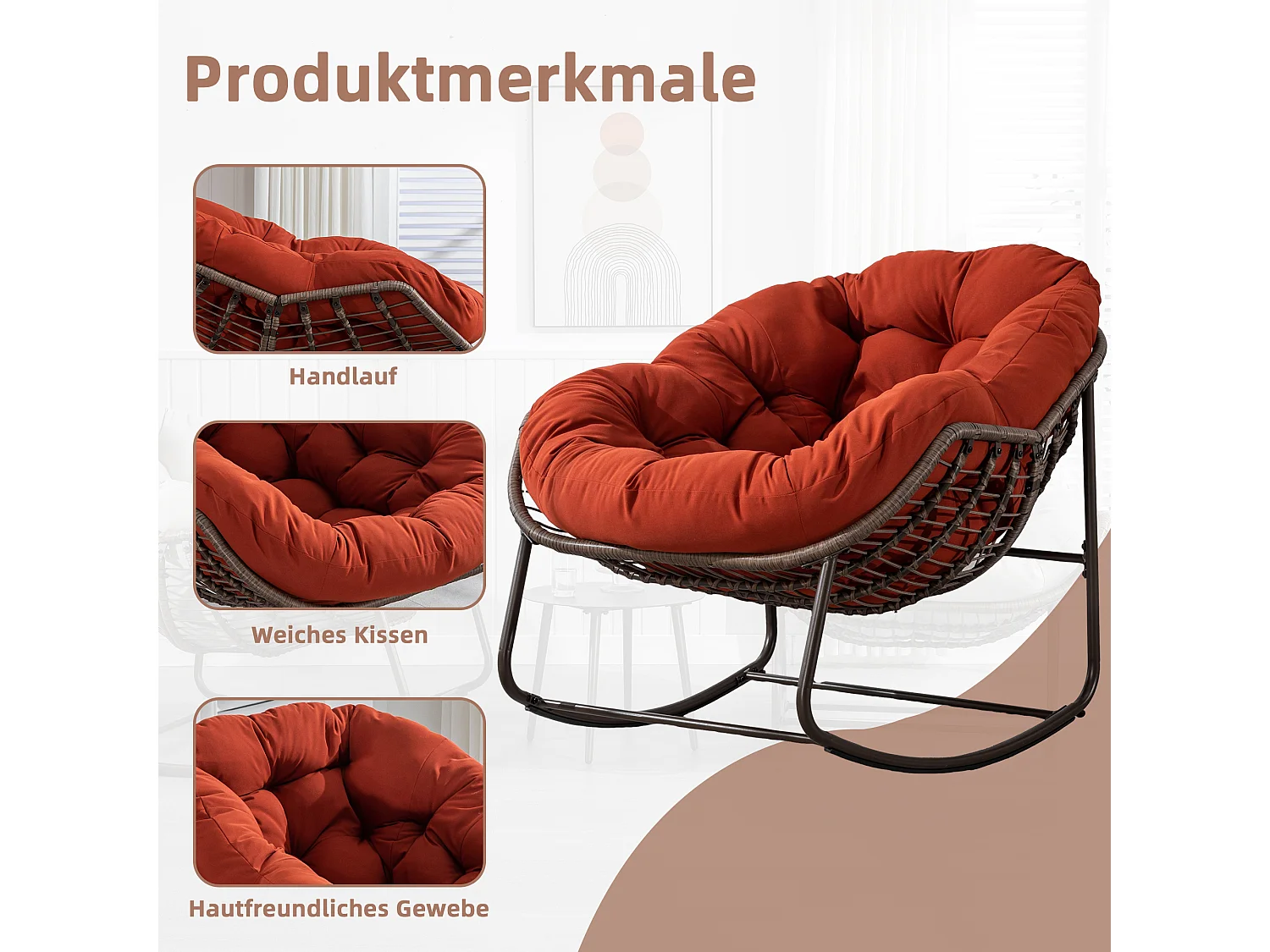 Fauteuil à Bascule en Rotin Naturel - Forme Œuf et Coussin Orange - Confortable pour Salon, Véranda ou Chambre
