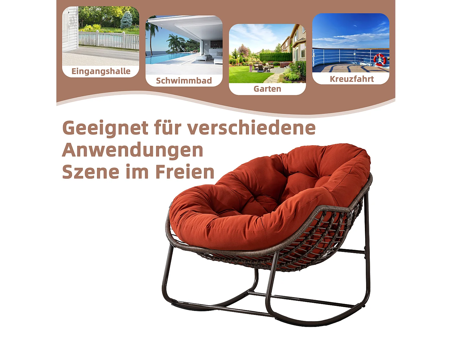 Fauteuil à Bascule en Rotin Naturel - Forme Œuf et Coussin Orange - Confortable pour Salon, Véranda ou Chambre