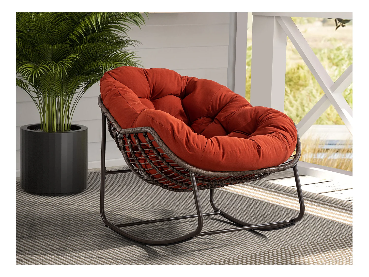 Fauteuil à Bascule en Rotin Naturel - Forme Œuf et Coussin Orange - Confortable pour Salon, Véranda ou Chambre