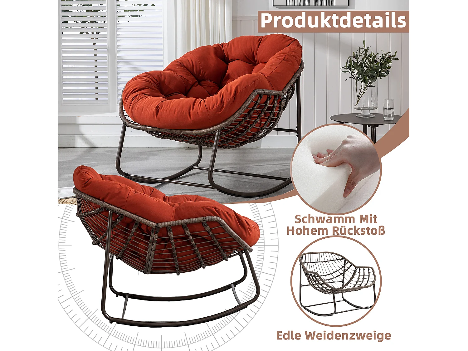 Cocon - Fauteuil à Bascule en Rotin Naturel - Forme Œuf et Coussin Orange - Confortable pour Salon, Véranda ou Chambre