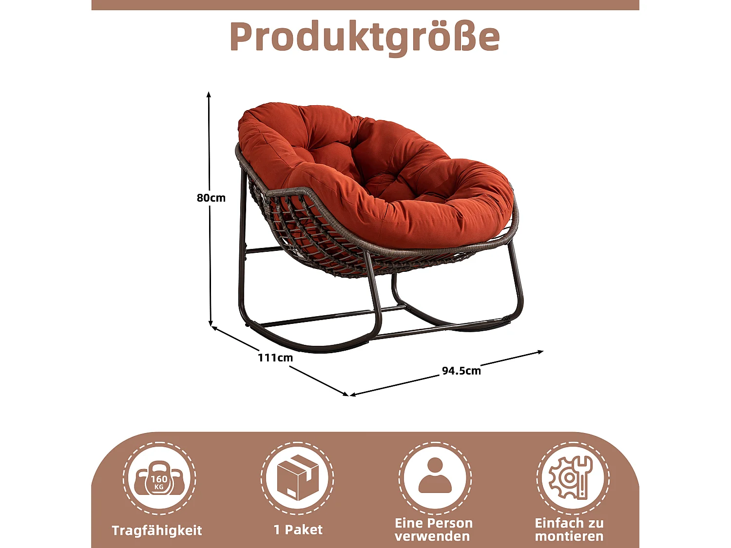 Cocon - Fauteuil à Bascule en Rotin Naturel - Forme Œuf et Coussin Orange - Confortable pour Salon, Véranda ou Chambre