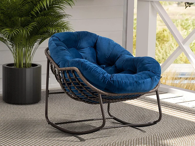 Fauteuil à Bascule en Rotin Naturel - Forme Œuf et Coussin Bleu - Confortable pour Salon, Véranda ou Chambre