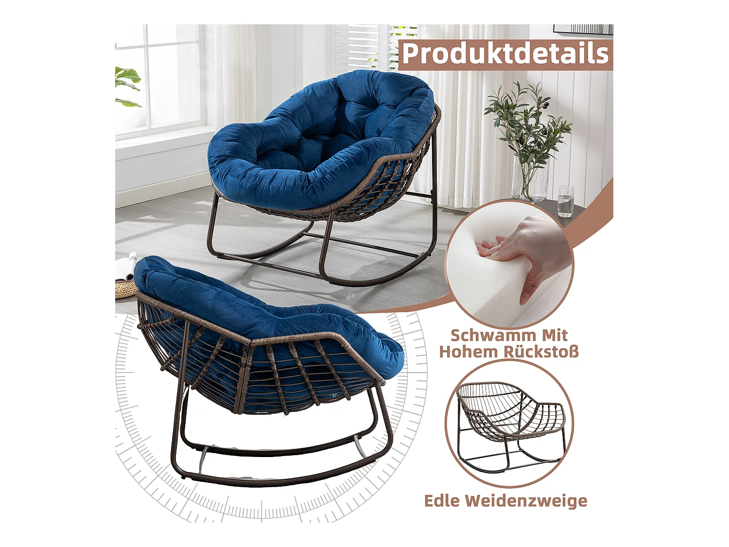 Fauteuil à Bascule en Rotin Naturel - Forme Œuf et Coussin Bleu - Confortable pour Salon, Véranda ou Chambre