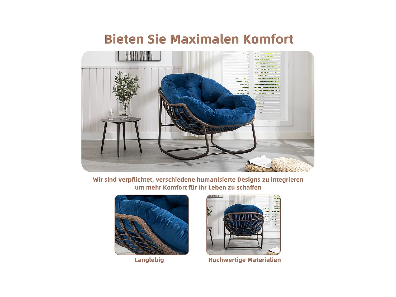 Fauteuil à Bascule en Rotin Naturel - Forme Œuf et Coussin Bleu - Confortable pour Salon, Véranda ou Chambre