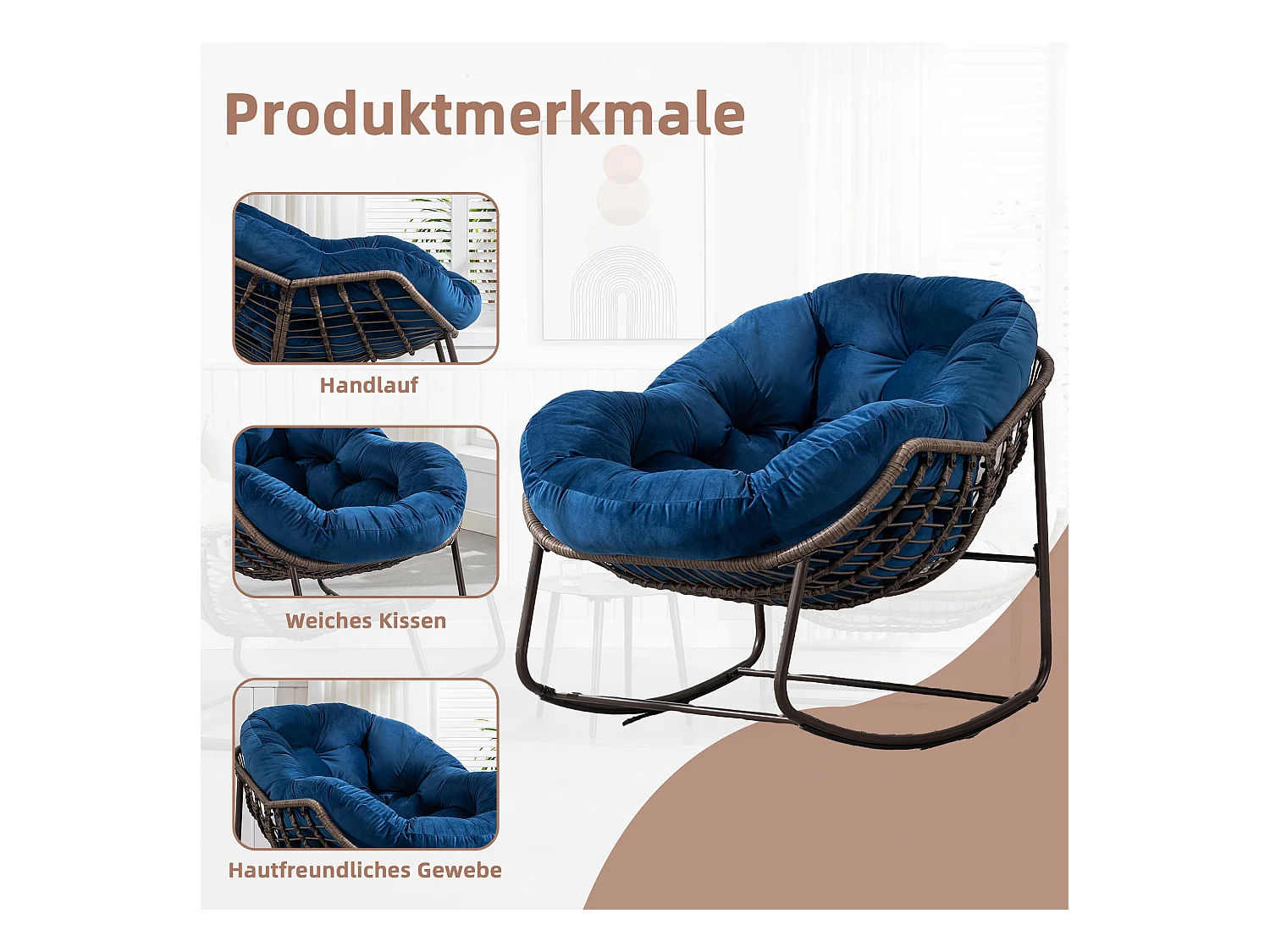 Fauteuil à Bascule en Rotin Naturel - Forme Œuf et Coussin Bleu - Confortable pour Salon, Véranda ou Chambre