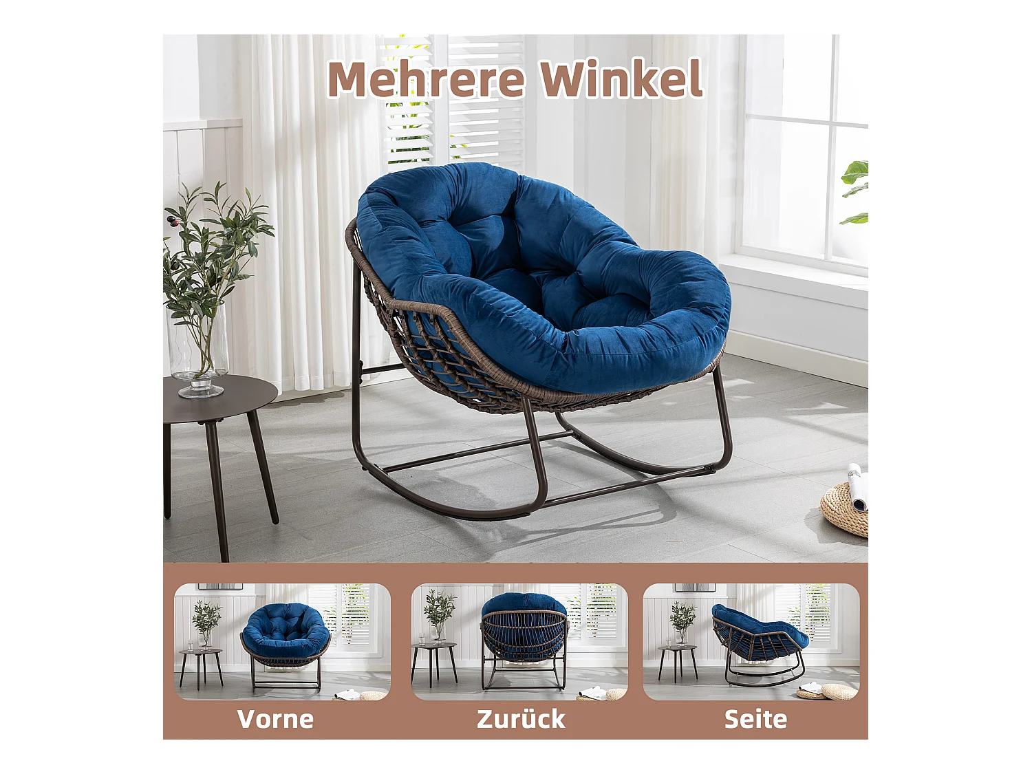 Fauteuil à Bascule en Rotin Naturel - Forme Œuf et Coussin Bleu - Confortable pour Salon, Véranda ou Chambre