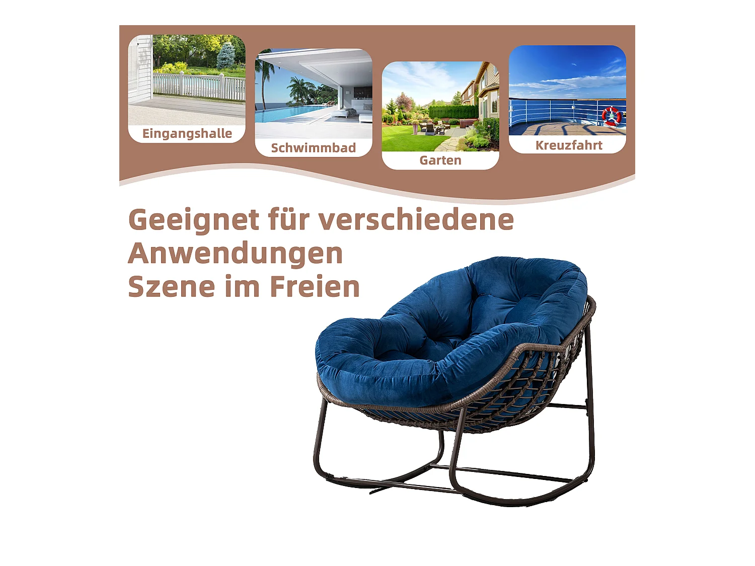 Fauteuil à Bascule en Rotin Naturel - Forme Œuf et Coussin Bleu - Confortable pour Salon, Véranda ou Chambre