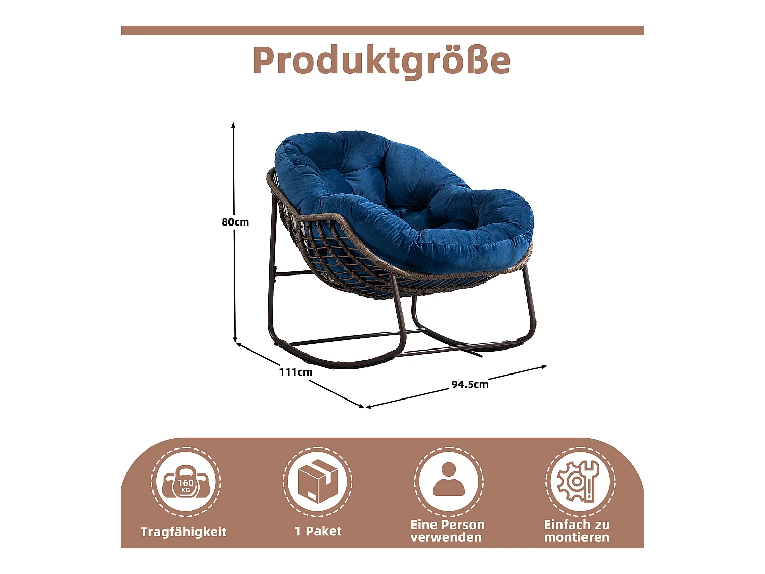 Fauteuil à Bascule en Rotin Naturel - Forme Œuf et Coussin Bleu - Confortable pour Salon, Véranda ou Chambre