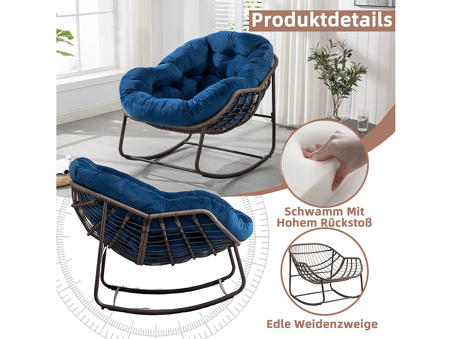 Fauteuil à Bascule en Rotin Naturel - Forme Œuf et Coussin Bleu - Confortable pour Salon, Véranda ou Chambre