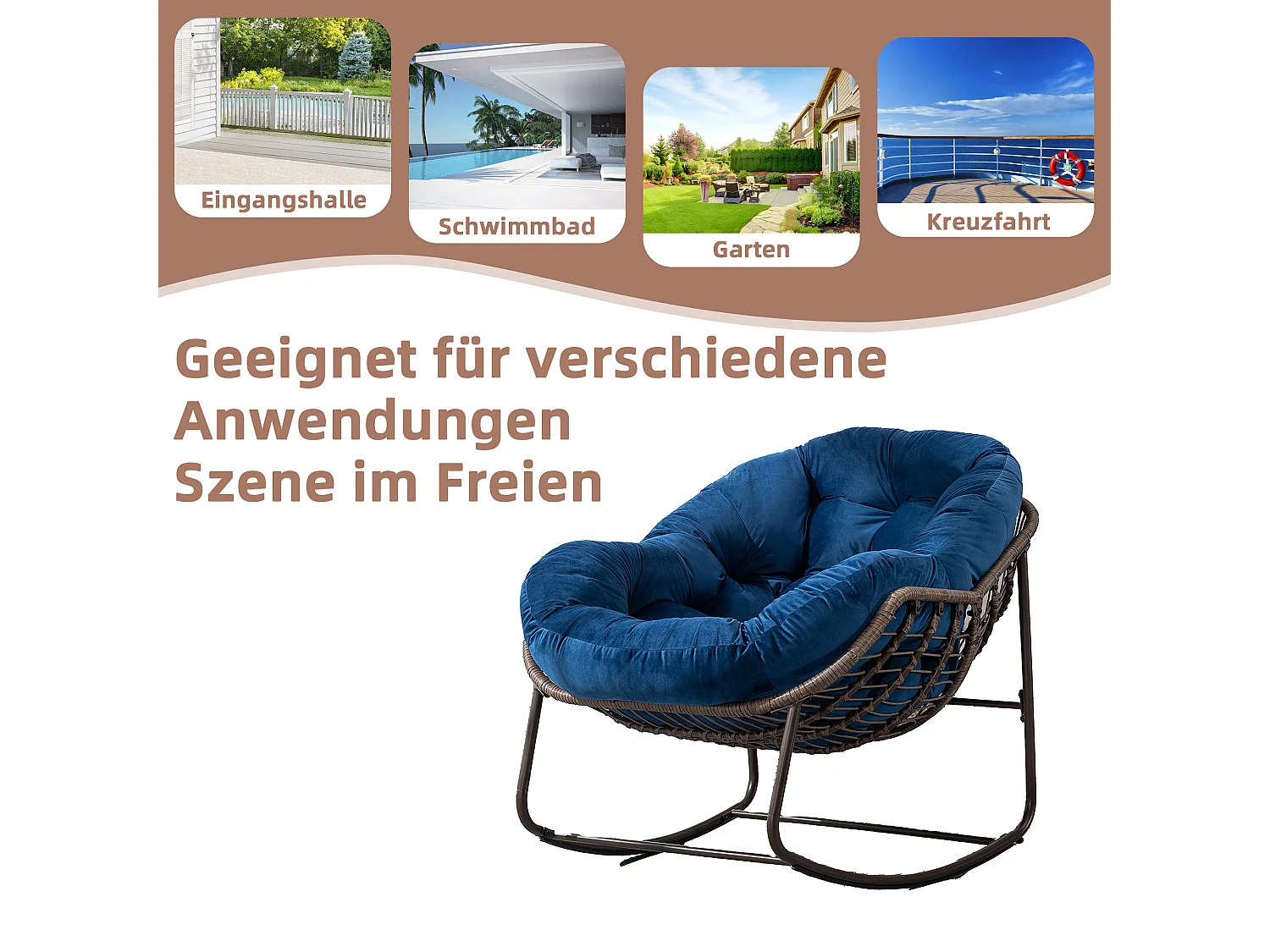 Fauteuil à Bascule en Rotin Naturel - Forme Œuf et Coussin Bleu - Confortable pour Salon, Véranda ou Chambre