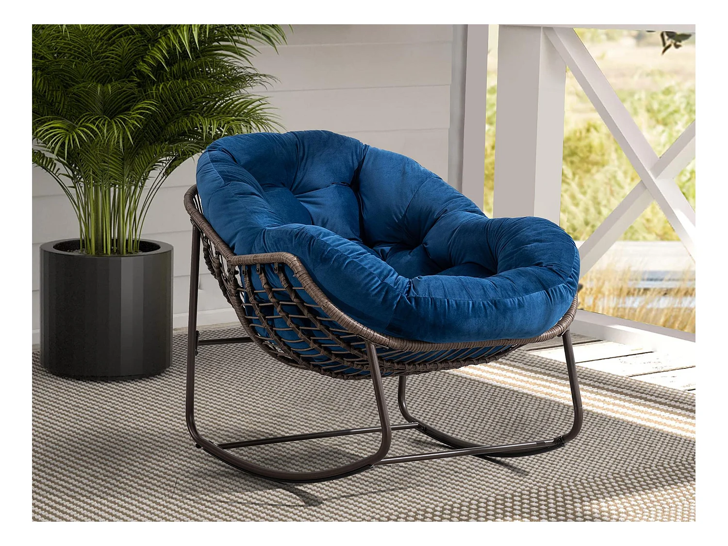 Fauteuil à Bascule en Rotin Naturel - Forme Œuf et Coussin Bleu - Confortable pour Salon, Véranda ou Chambre