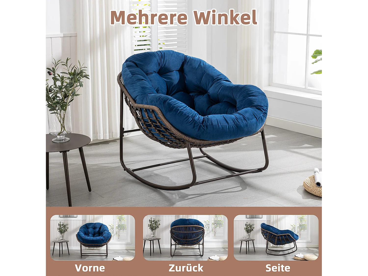 Cocon - Fauteuil à Bascule en Rotin Naturel - Forme Œuf et Coussin Bleu - Confortable pour Salon, Véranda ou Chambre