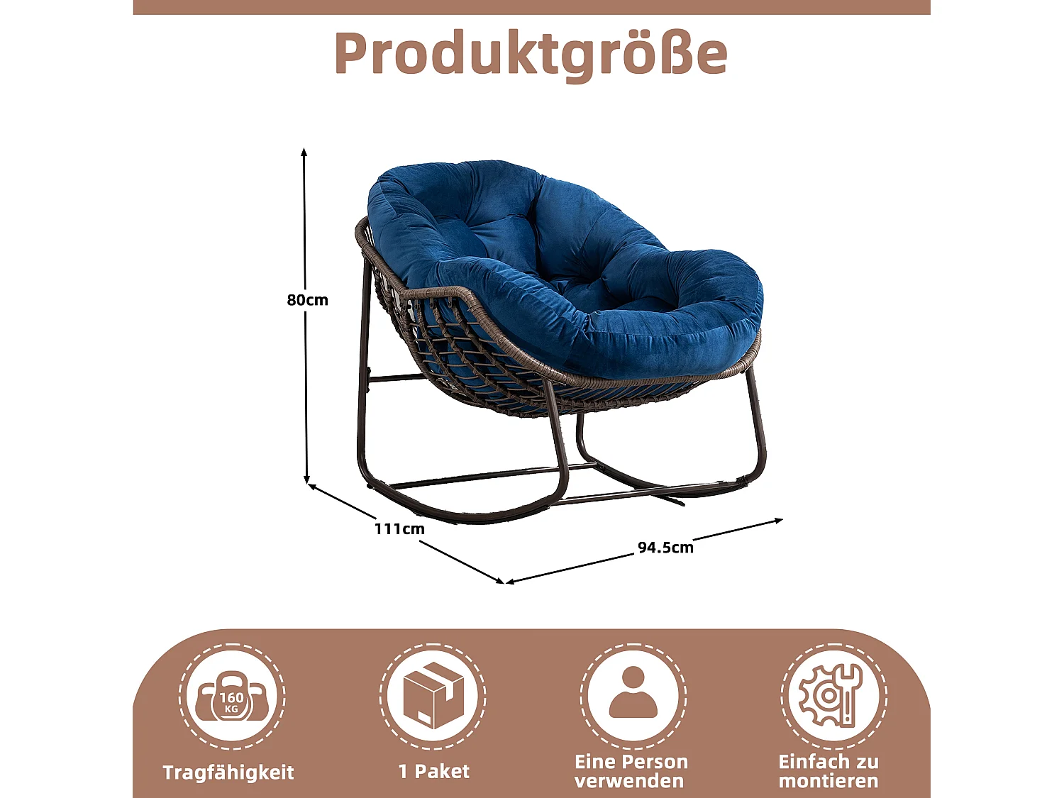 Cocon - Fauteuil à Bascule en Rotin Naturel - Forme Œuf et Coussin Bleu - Confortable pour Salon, Véranda ou Chambre