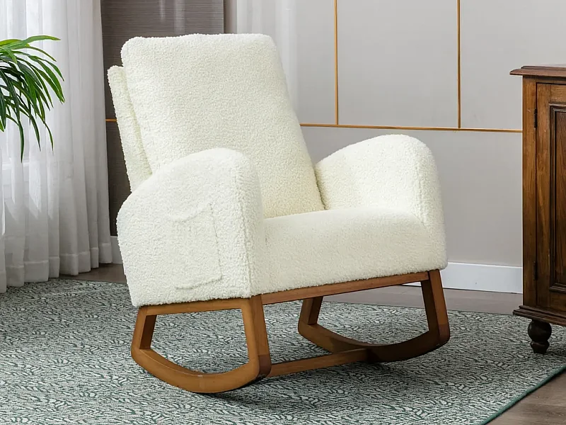 Schommelstoel van massief houten frame, gepolsterde schomelstoel met zijzak, hoge rugleuning – geschikt voor woonkamer, slaapkamer, werkkamer of balkon