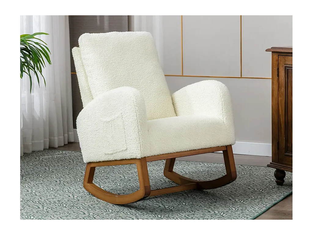 Fauteuil à bascule blanche en fausse fourrure - forme carrée - poches latérales pratiques - idéale pour le confort