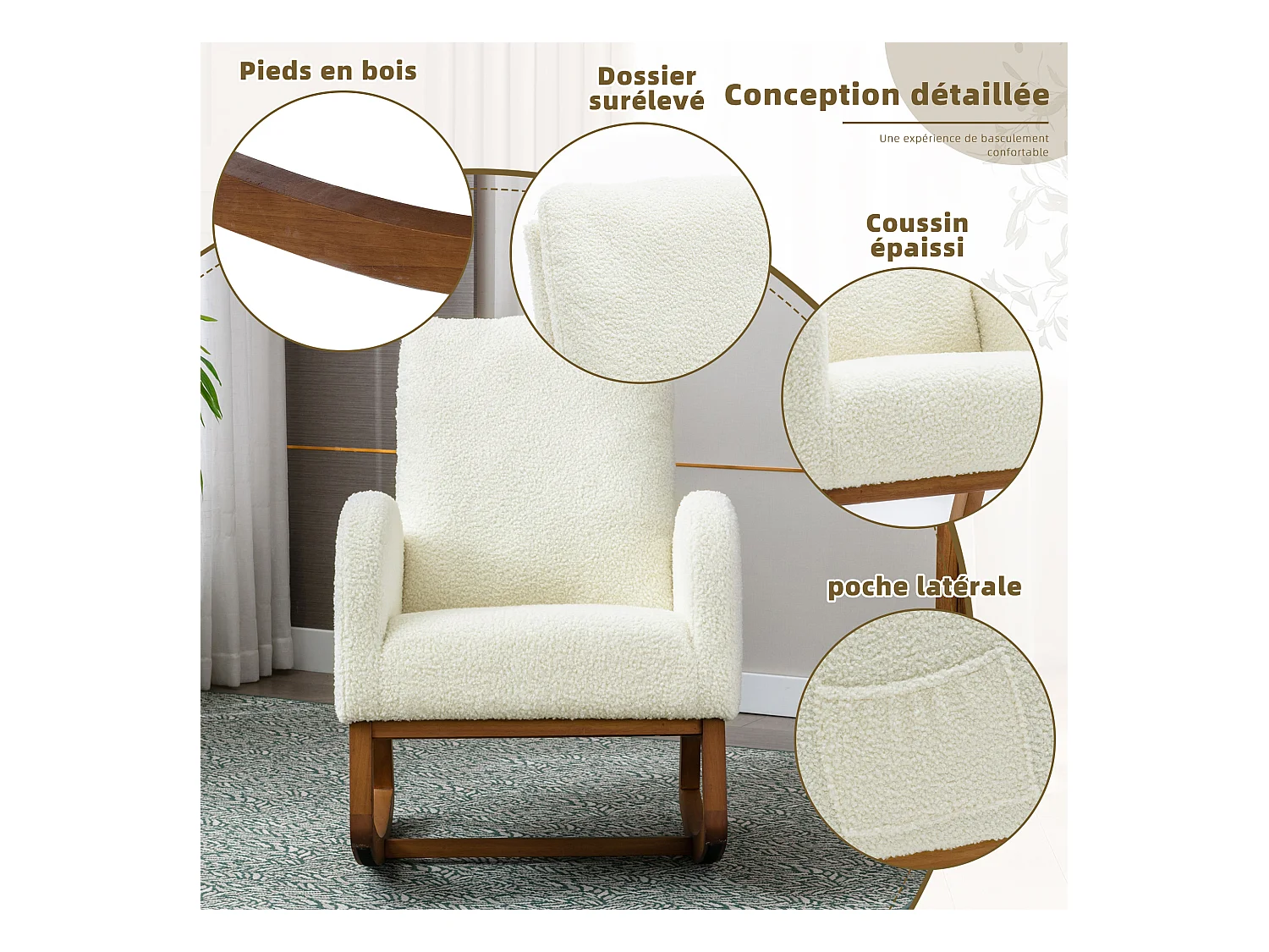 Fauteuil à bascule blanche en fausse fourrure - forme carrée - poches latérales pratiques - idéale pour le confort