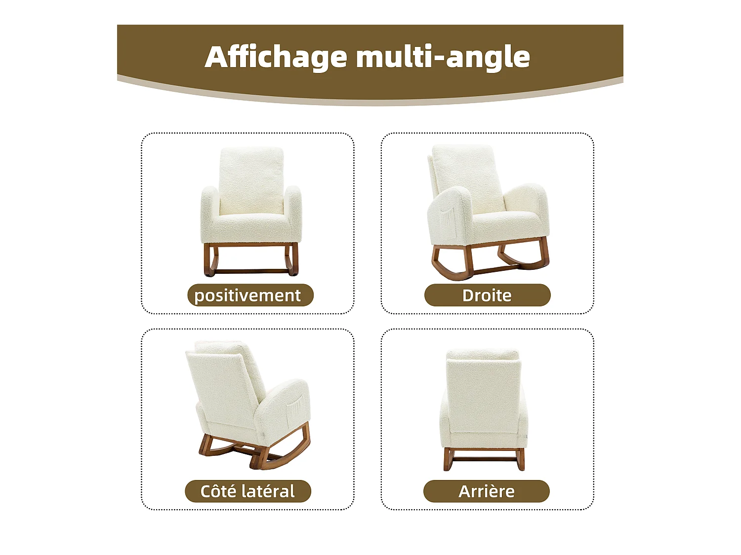 Fauteuil à bascule blanche en fausse fourrure - forme carrée - poches latérales pratiques - idéale pour le confort