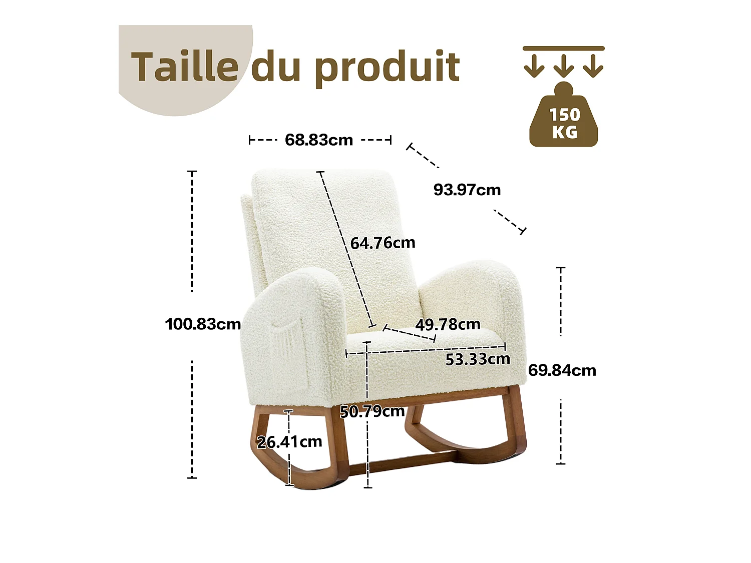Fauteuil à bascule blanche en fausse fourrure - forme carrée - poches latérales pratiques - idéale pour le confort