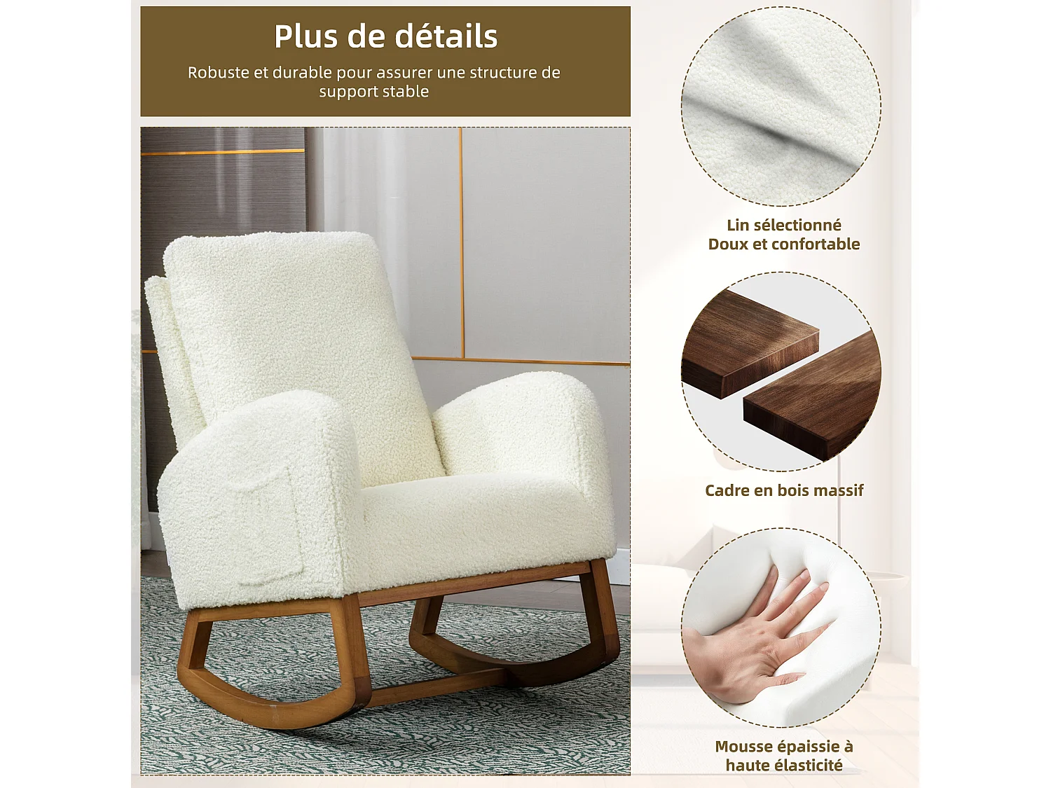 Fauteuil à bascule blanche en fausse fourrure - forme carrée - poches latérales pratiques - idéale pour le confort