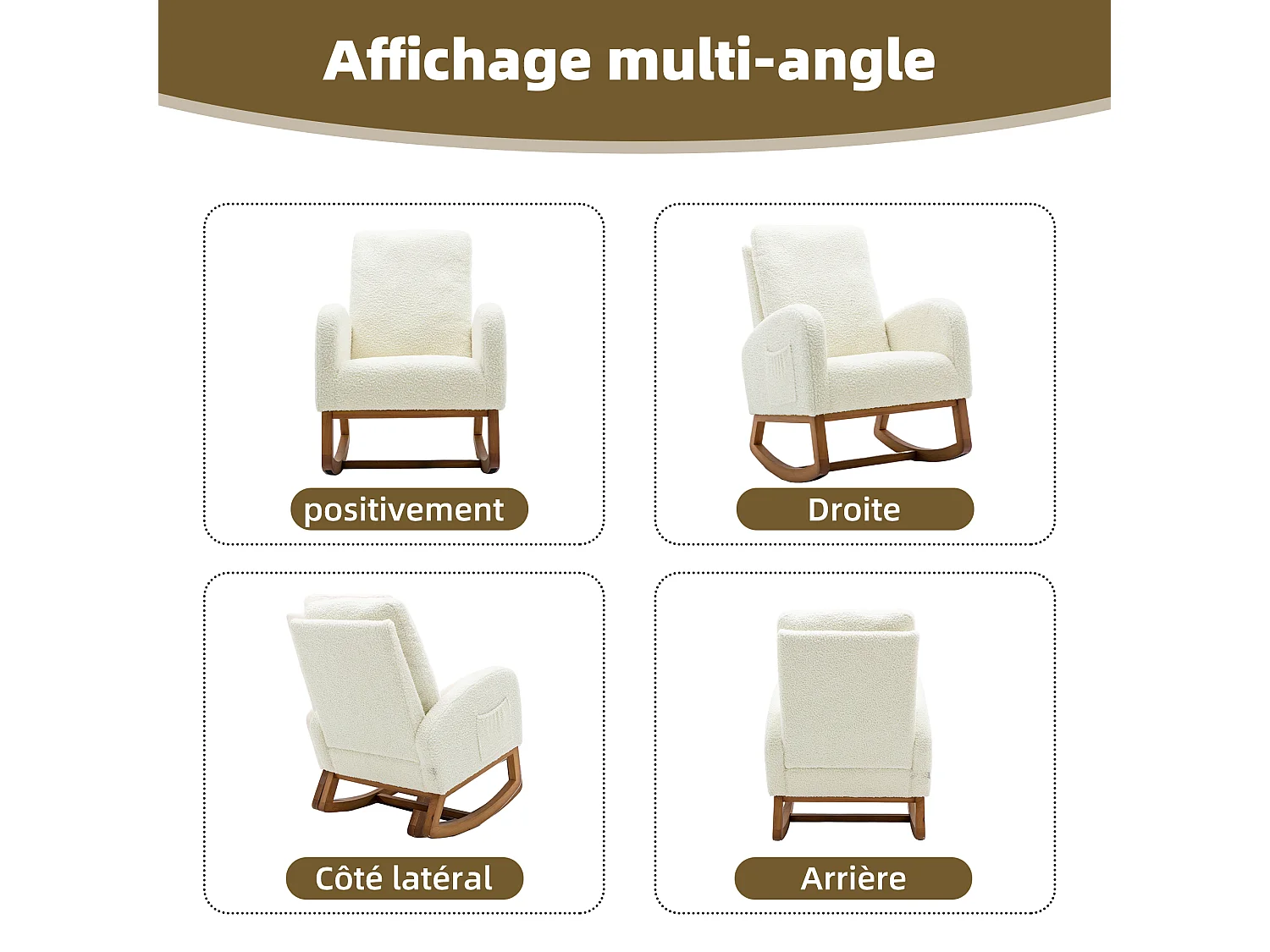 Fauteuil à bascule blanche en fausse fourrure - forme carrée - poches latérales pratiques - idéale pour le confort