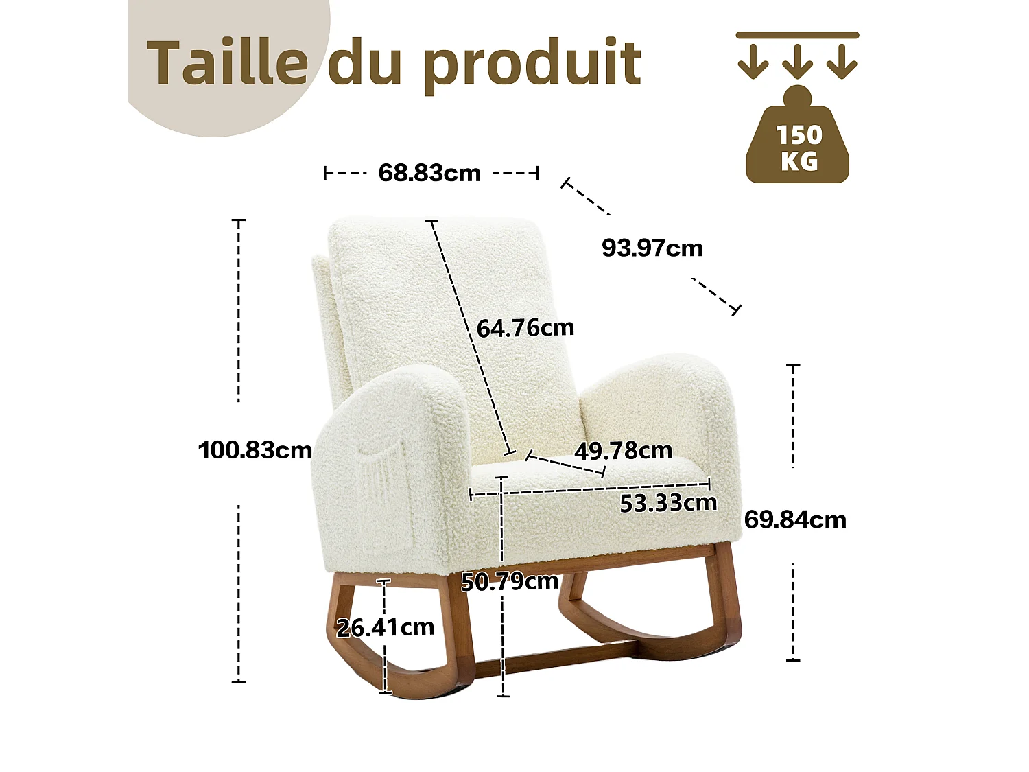 Fauteuil à bascule blanche en fausse fourrure - forme carrée - poches latérales pratiques - idéale pour le confort
