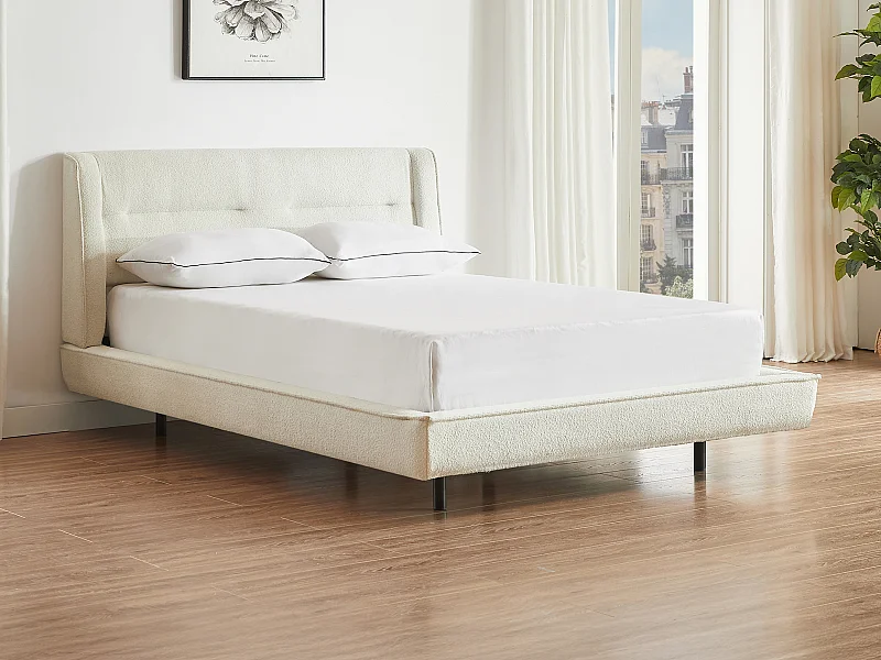 Cama 140 x 190 cm - Tejido bouclé - Beige + Colchón - ISYDE