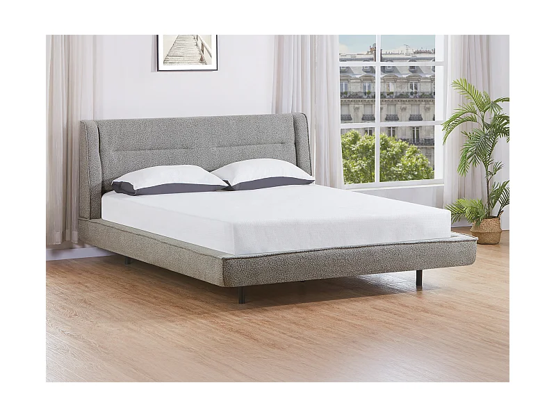 Bett + Matratze - 140 x 190 cm - Bouclé-Stoff - Grau - ISYDE