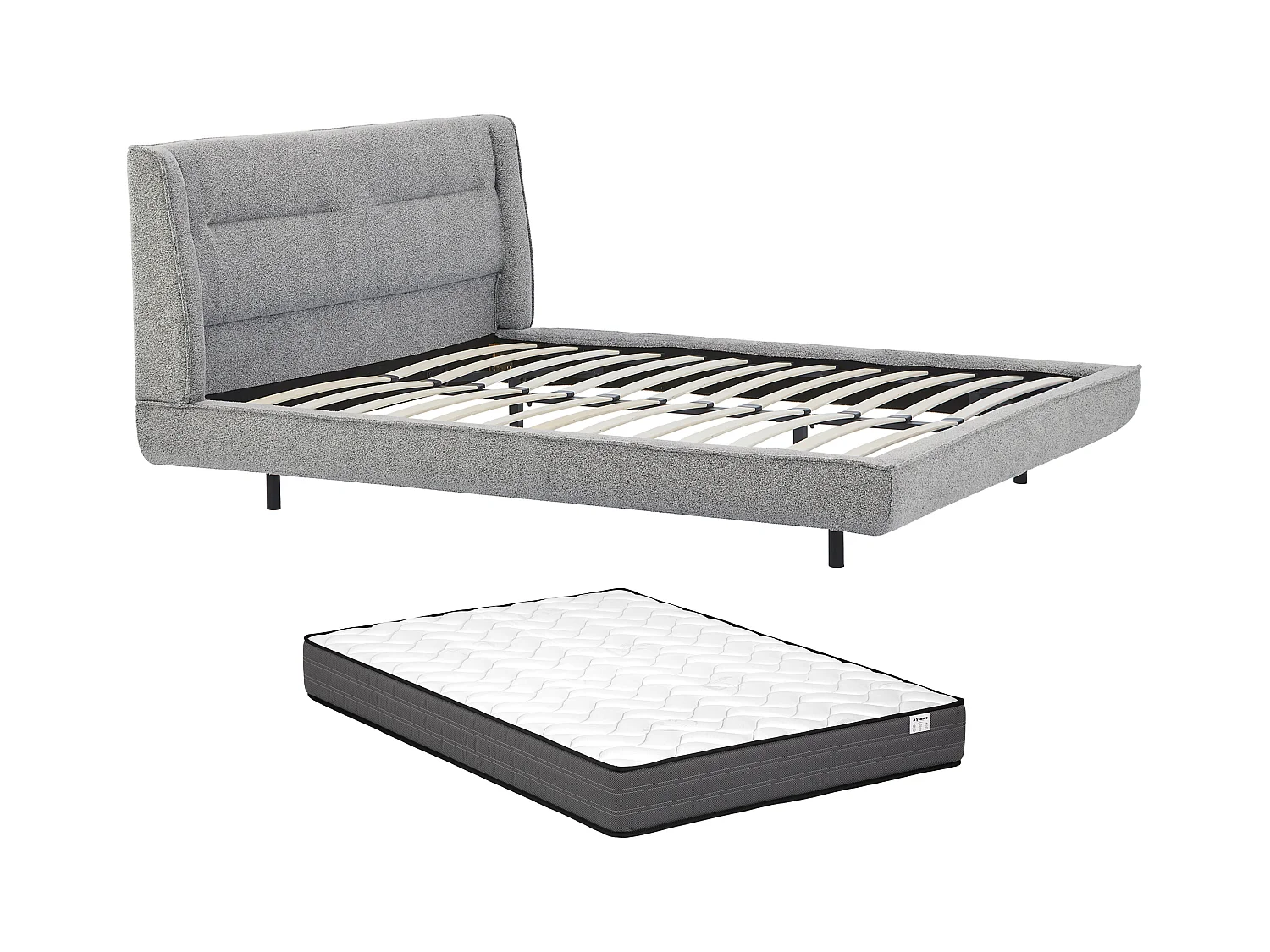 Cama 140 x 190 cm - Tecido bouclé - Cinzento + Colchão - ISYDE