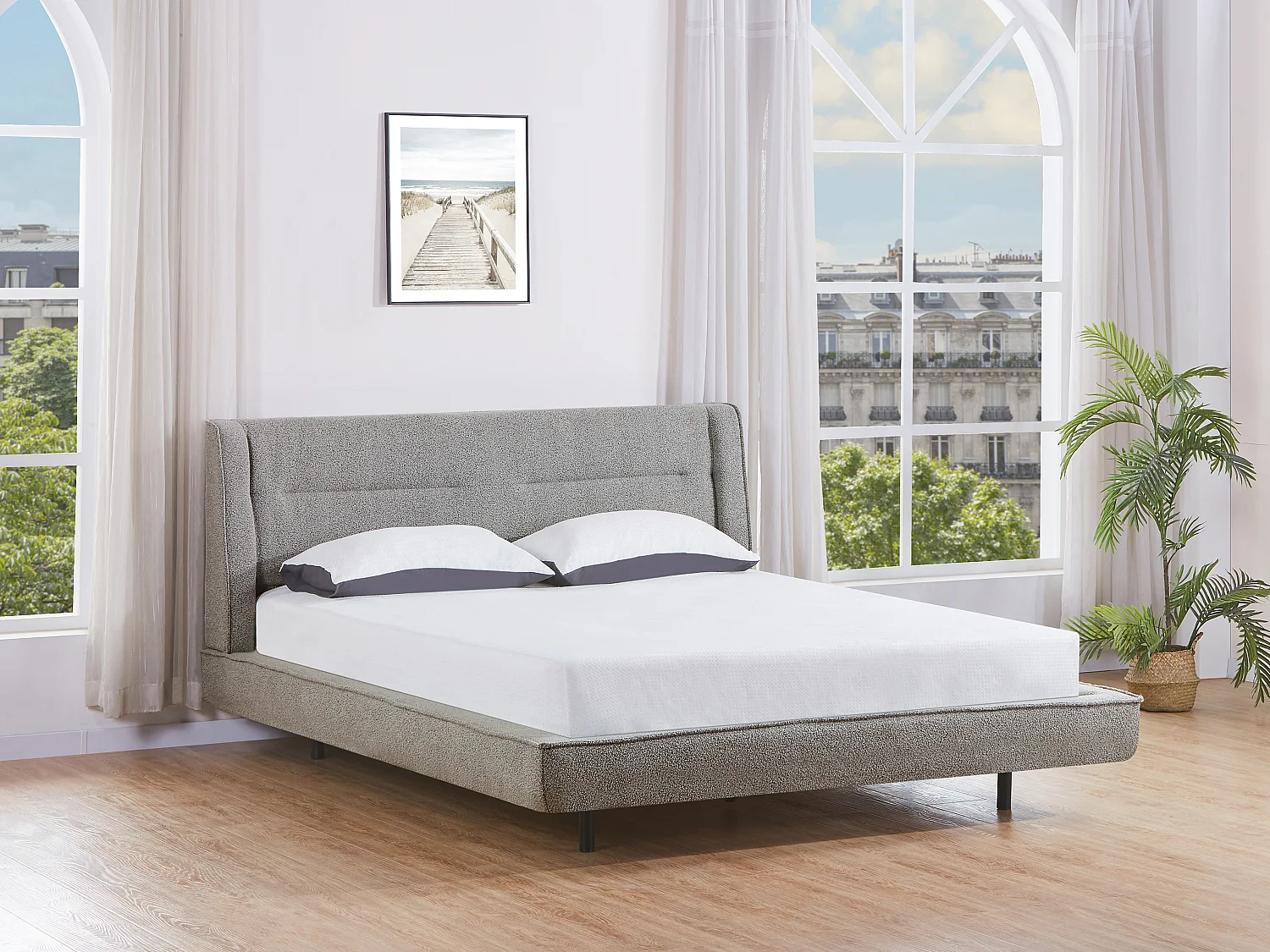 Cama 140 x 190 cm - Tecido bouclé - Cinzento + Colchão - ISYDE