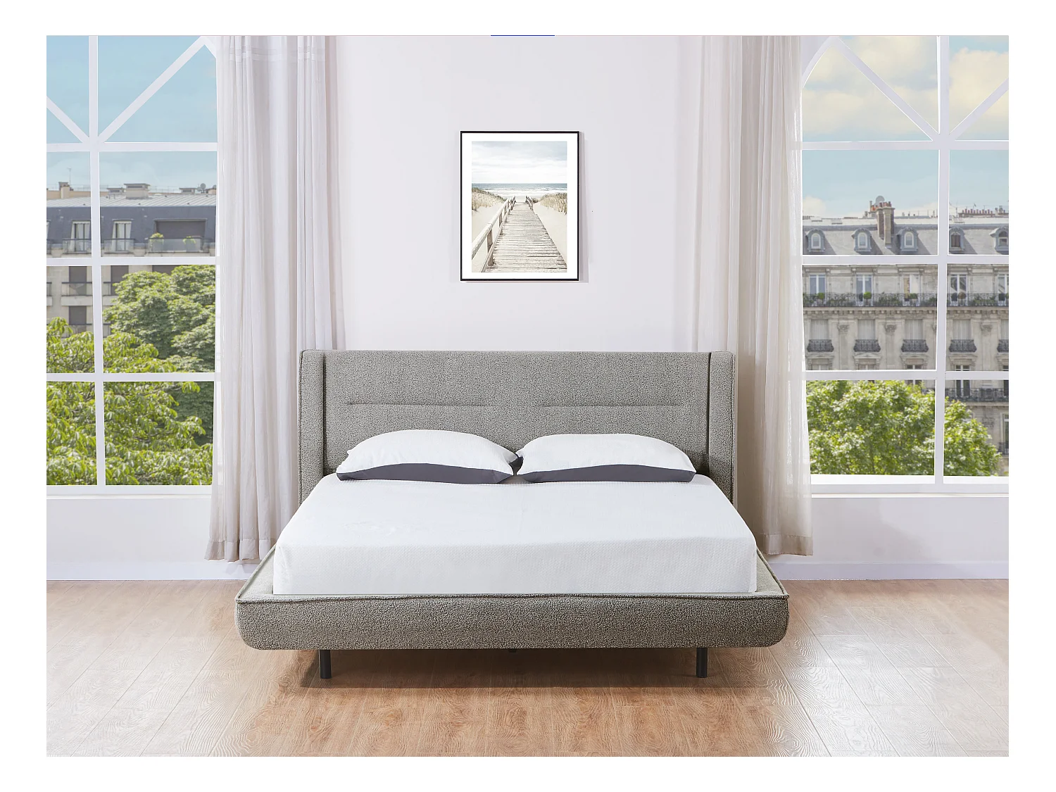 Cama 140 x 190 cm - Tecido bouclé - Cinzento + Colchão - ISYDE