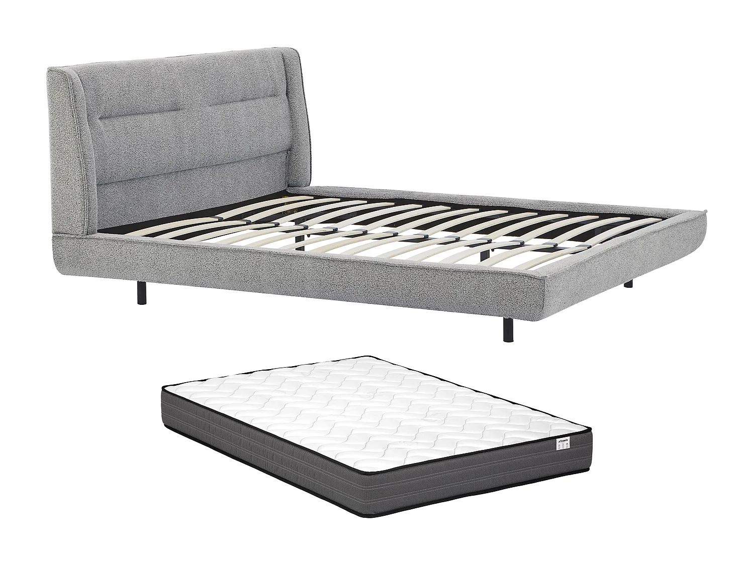 Lit 140 x 190 cm - Tissu bouclette - Gris + Matelas - ISYDE