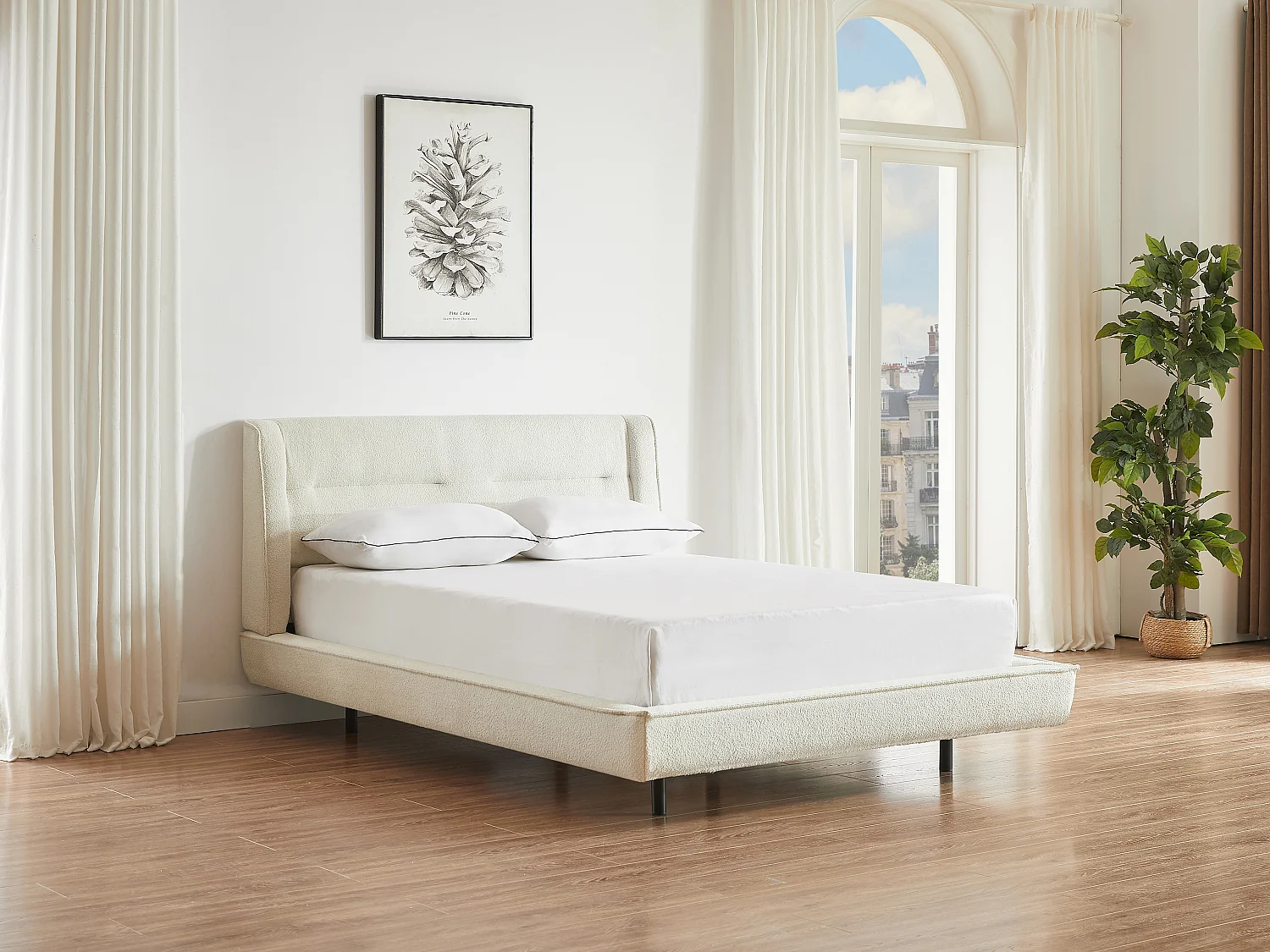 Lit 160 x 200 cm - Tissu bouclette - Beige + Matelas - ISYDE