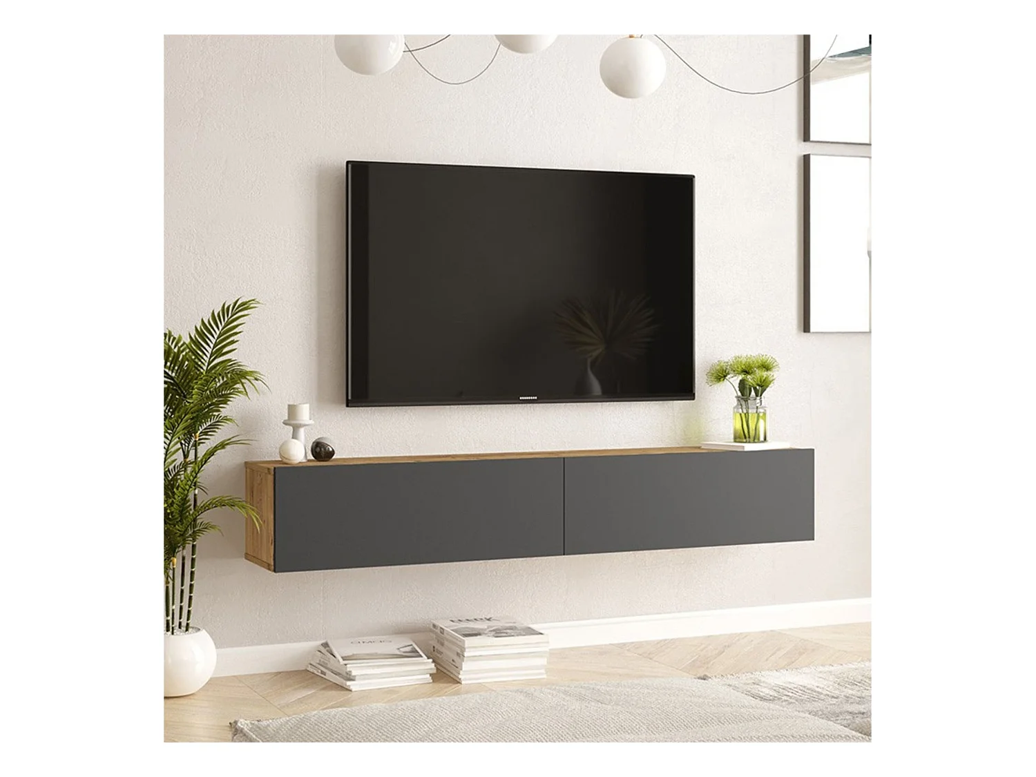 Mueble de TV de Pared moderno Color Roble y Antracita con 2 Cajones - 180x31.6x29.6 cm.