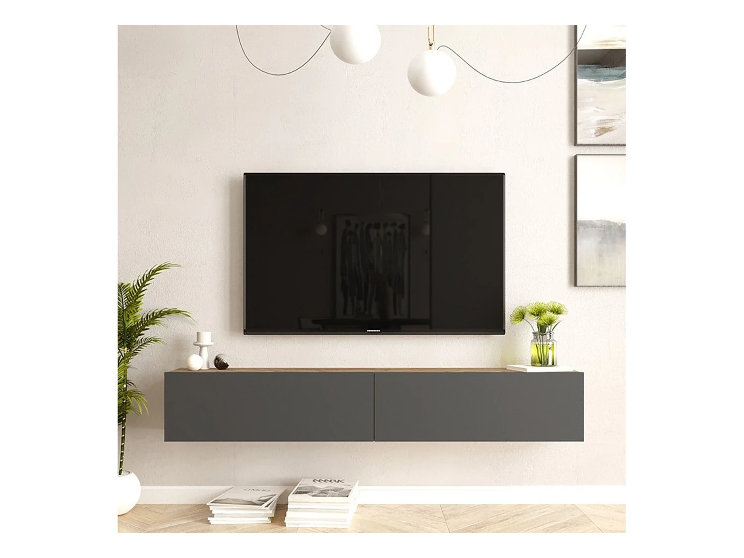 Mueble de TV de Pared moderno Color Roble y Antracita con 2 Cajones - 180x31.6x29.6 cm.