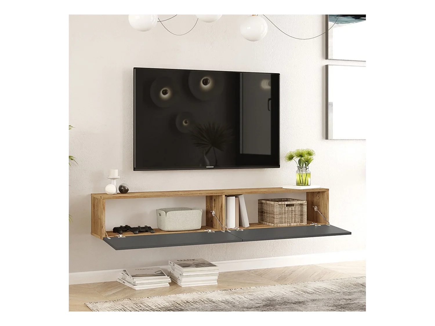 Mueble de TV de Pared moderno Color Roble y Antracita con 2 Cajones - 180x31.6x29.6 cm.