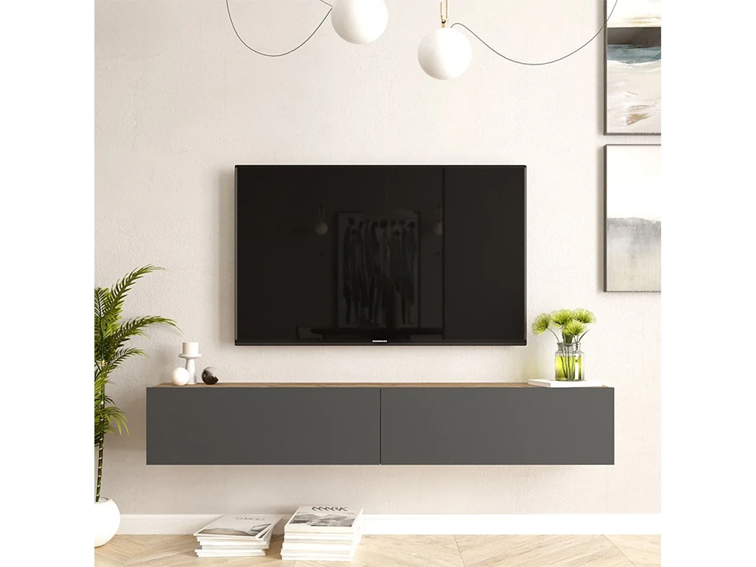 Mueble de TV de Pared moderno Color Roble y Antracita con 2 Cajones - 180x31.6x29.6 cm.