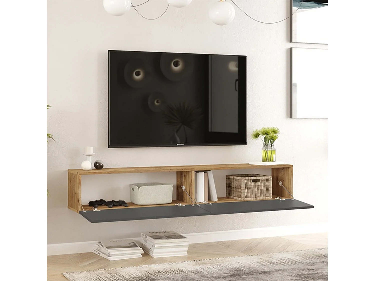 Mueble de TV de Pared moderno Color Roble y Antracita con 2 Cajones - 180x31.6x29.6 cm.