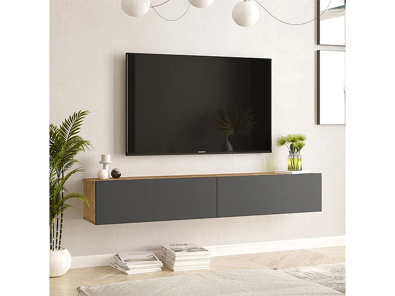 Mueble de TV de Pared moderno Color Roble y Antracita con 2 Cajones - 180x31.6x29.6 cm.